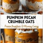 Layered Pumpkin Overnight Oats with pecan crumble and creamy pumpkin puree in a rustic jar.